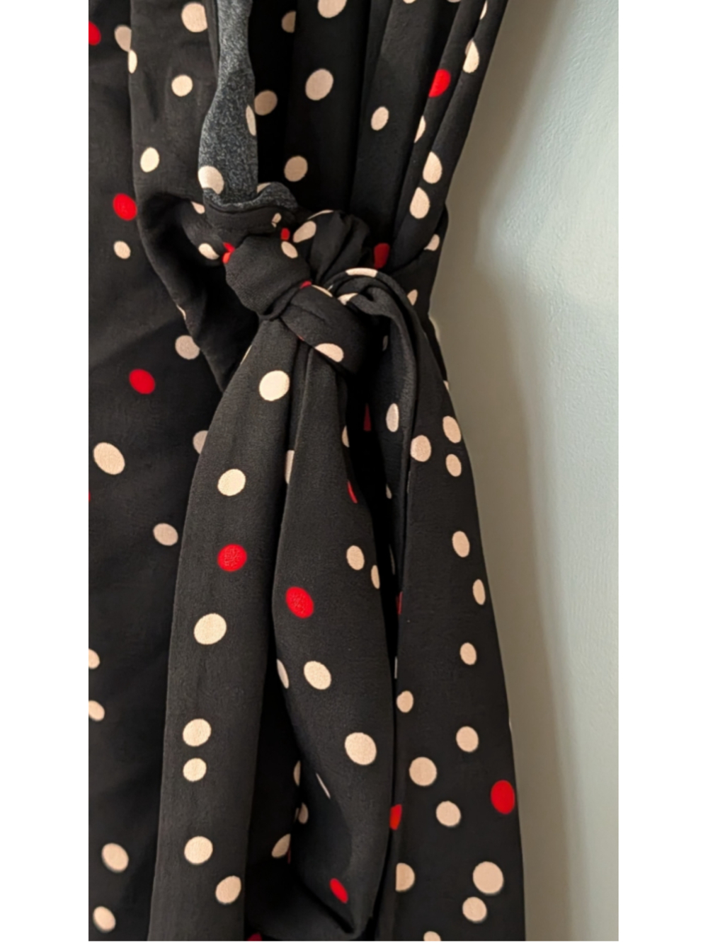 Halogen Black Polka Dot Faux Wrap Midi Dress Long Sleeve Tie Waist Size Small - Picture 3 of 9